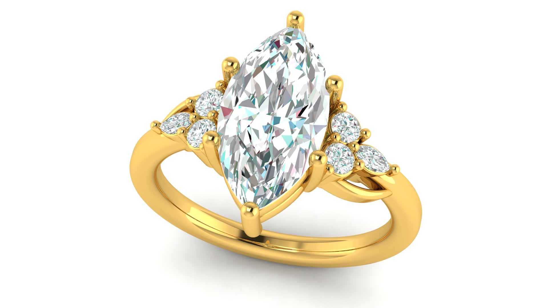 3 Ct Marquise Lab Diamond Ring with 1ct Side Diamonds Gold IGI Certified