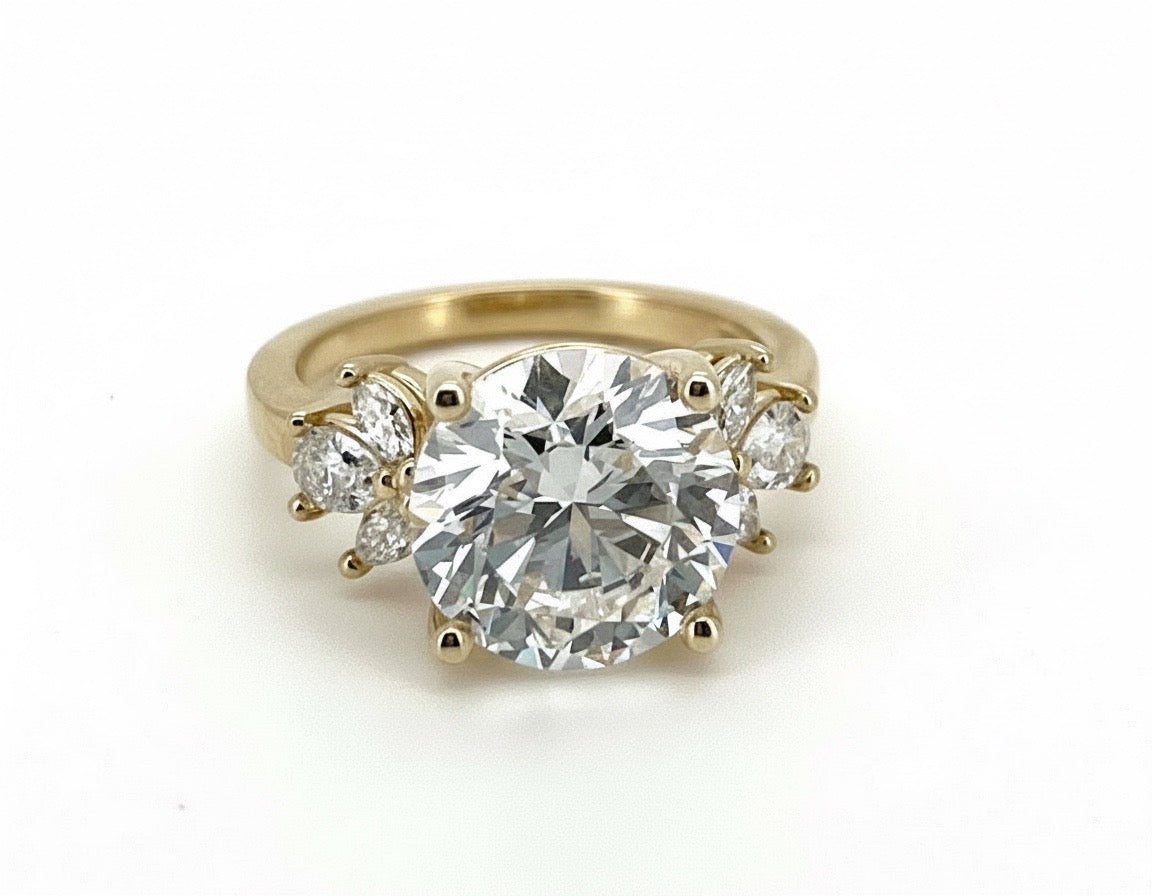 5.36 TCW Round Lab Diamond Ring with Marquise Side Stones - IGI Certified