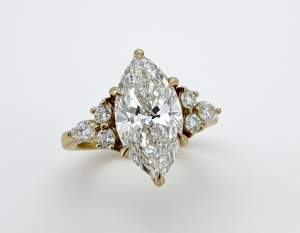 3 Ct Marquise Lab Diamond Ring with 1ct Side Diamonds Gold IGI Certified