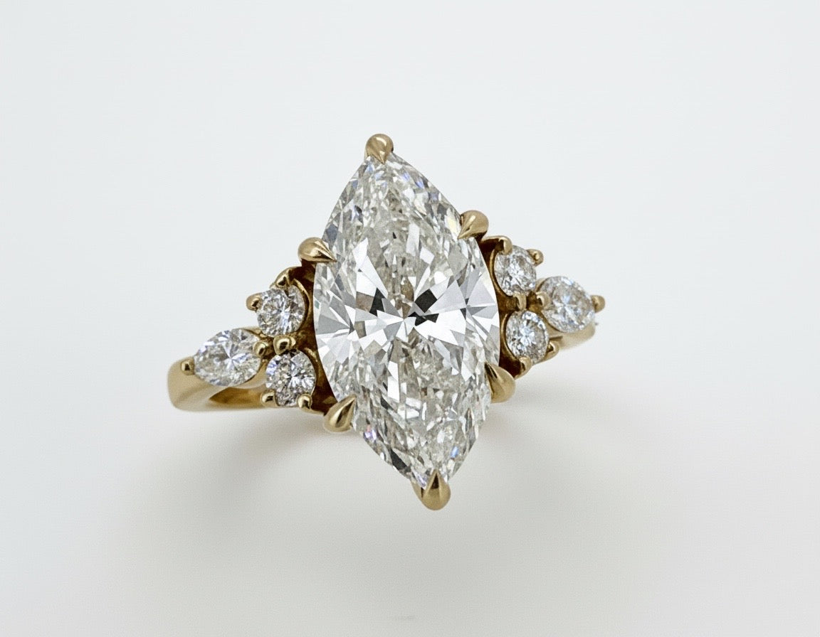 3 Ct Marquise Lab Diamond Ring with 1ct Side Diamonds Gold IGI Certified