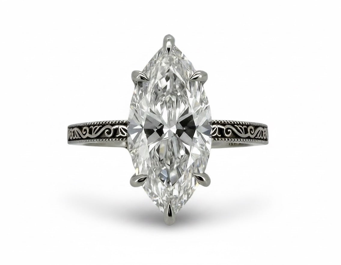 3.09 Carat Marquise Lab Diamond Antique Style Ring IGI Certified