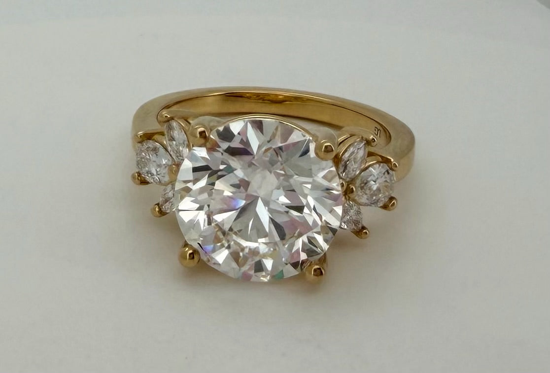 5.36 TCW Round Lab Diamond Ring with Marquise Side Stones - IGI Certified