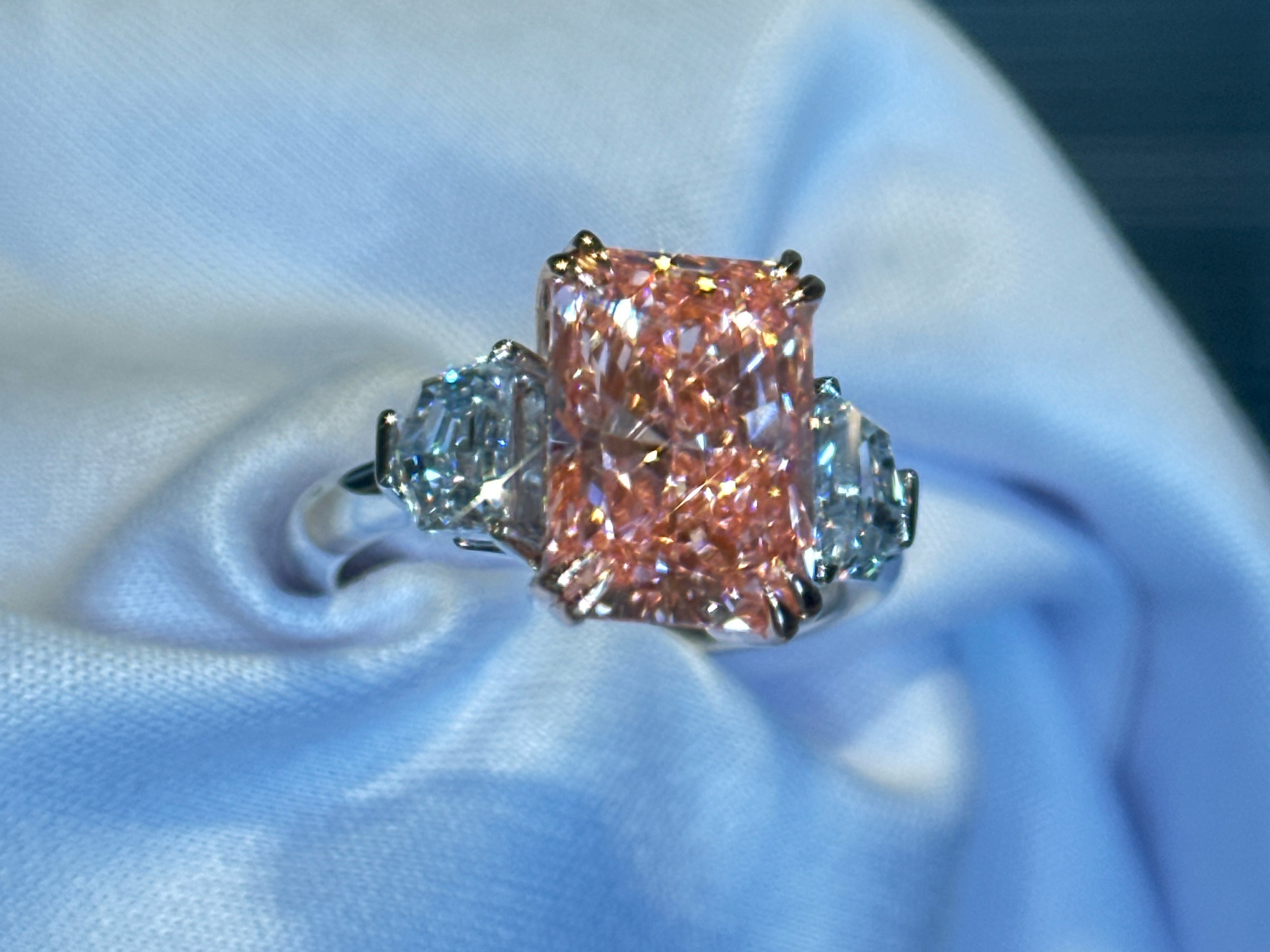 4.86 Carat Vivid Pink Radiant Lab Diamond Ring Gold
