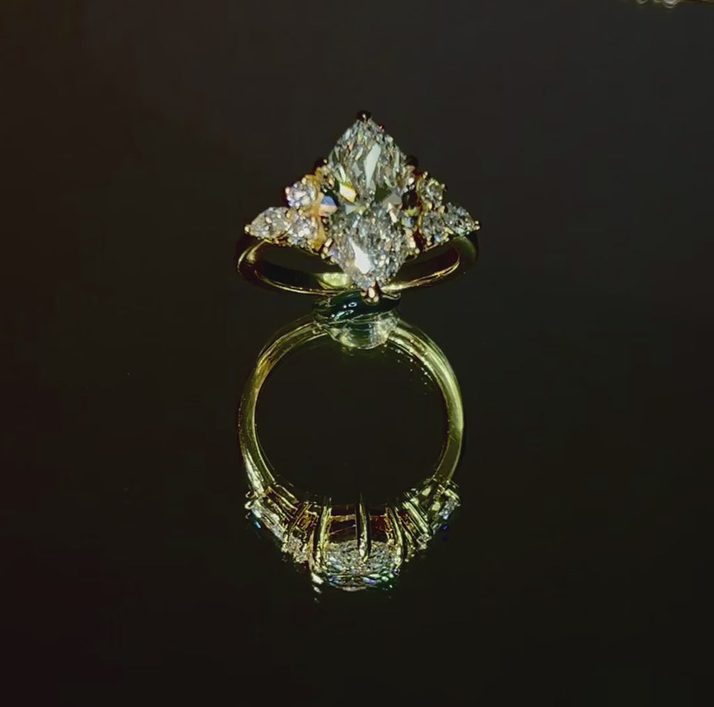 3 Ct Marquise Lab Diamond Ring with 1ct Side Diamonds Gold IGI Certified