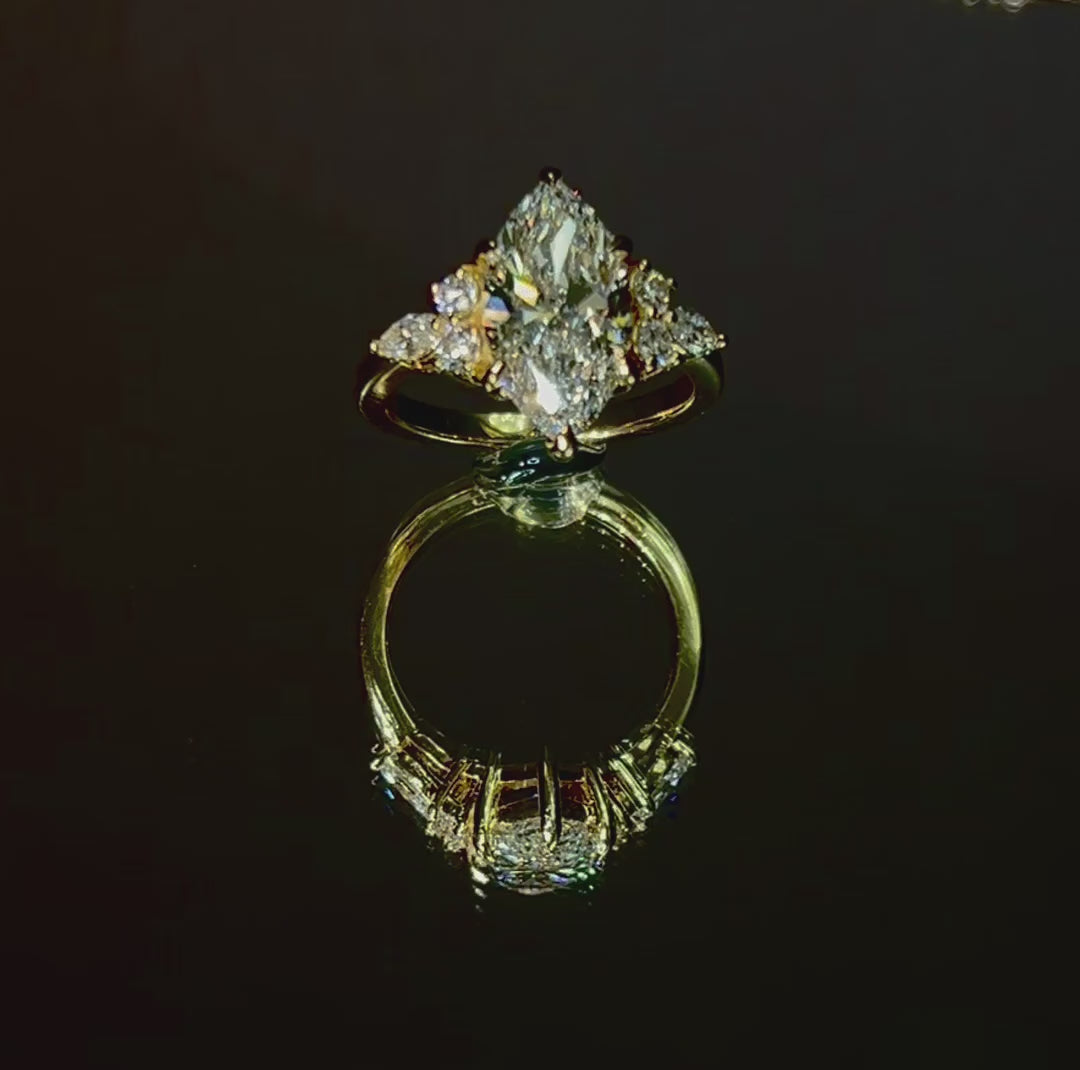 3 Ct Marquise Lab Diamond Ring with 1ct Side Diamonds Gold IGI Certified