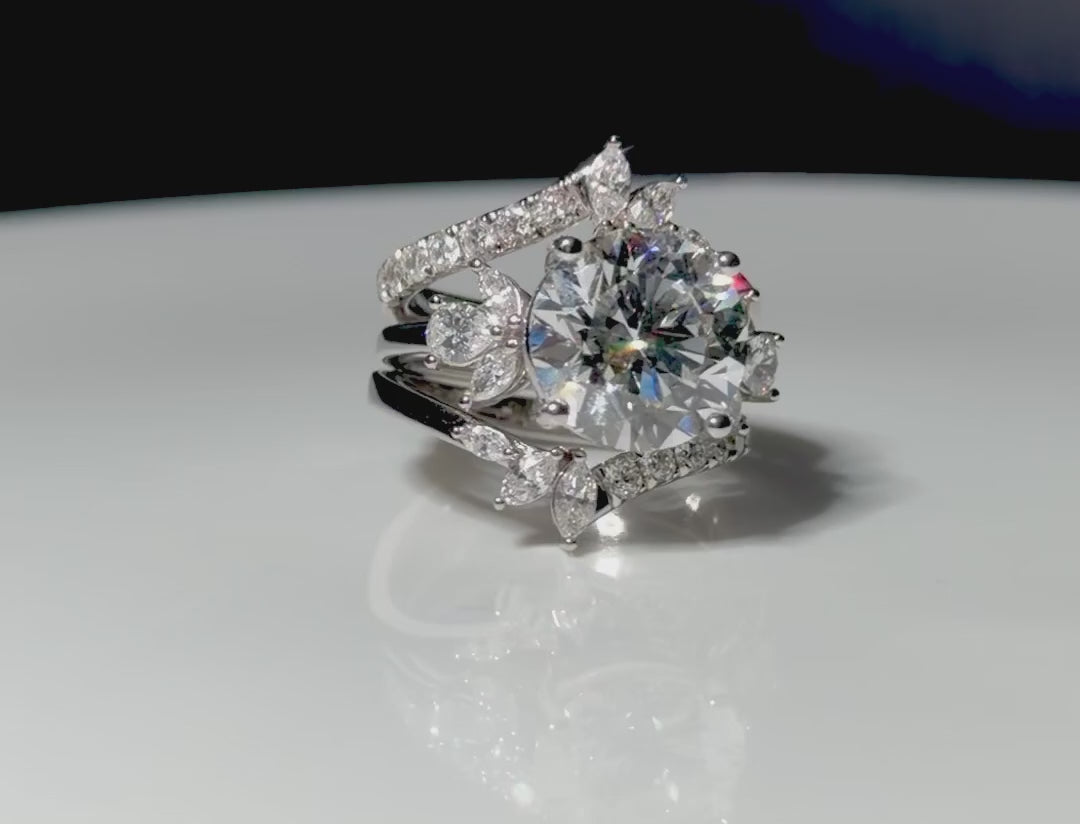 5.36 TCW Round Lab Diamond Ring with Marquise Side Stones - IGI Certified